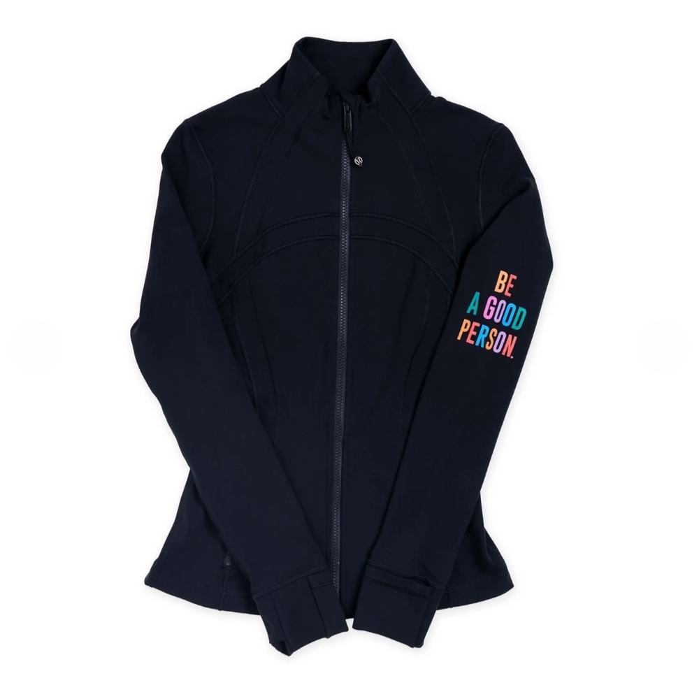 Lululemom Define Jacket Be A Good Person Black Zip-Up Jacket with Colorful Text